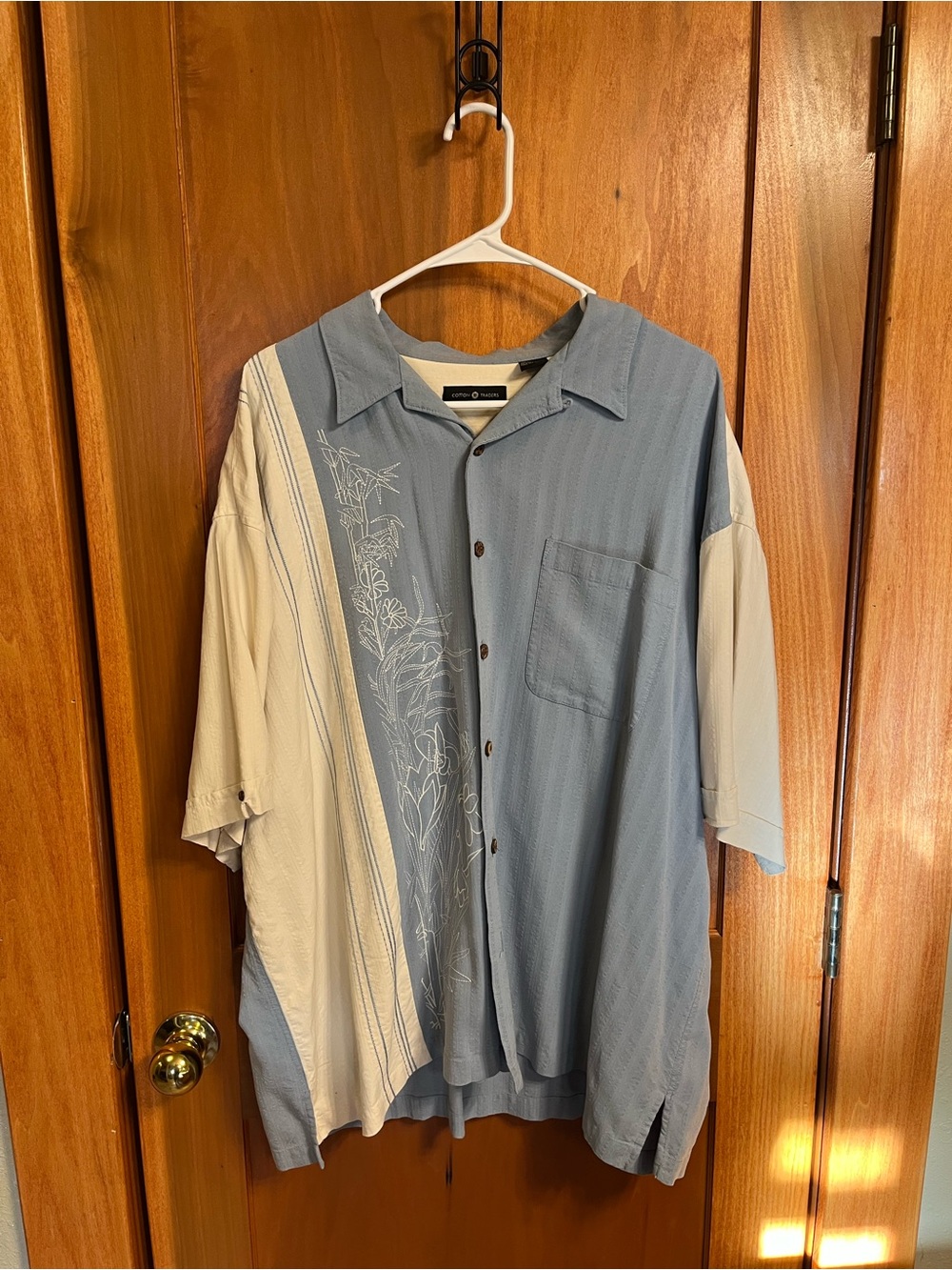 Cotton Traders Brand Casual Two-Tone Floral Button-Up Shirt - Blue & Cream